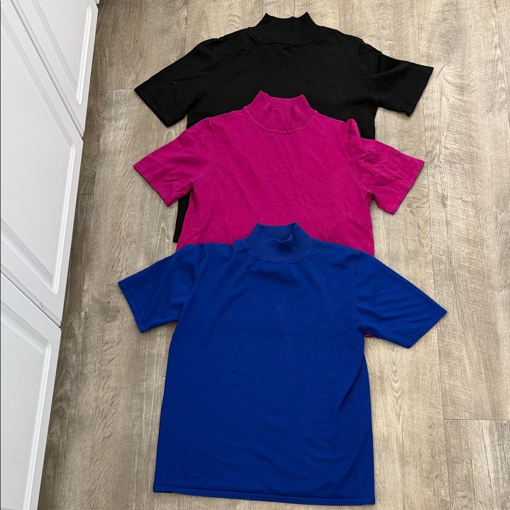 3 Lisa International Silk Mock Turtlenecks w/Short Sleeves M